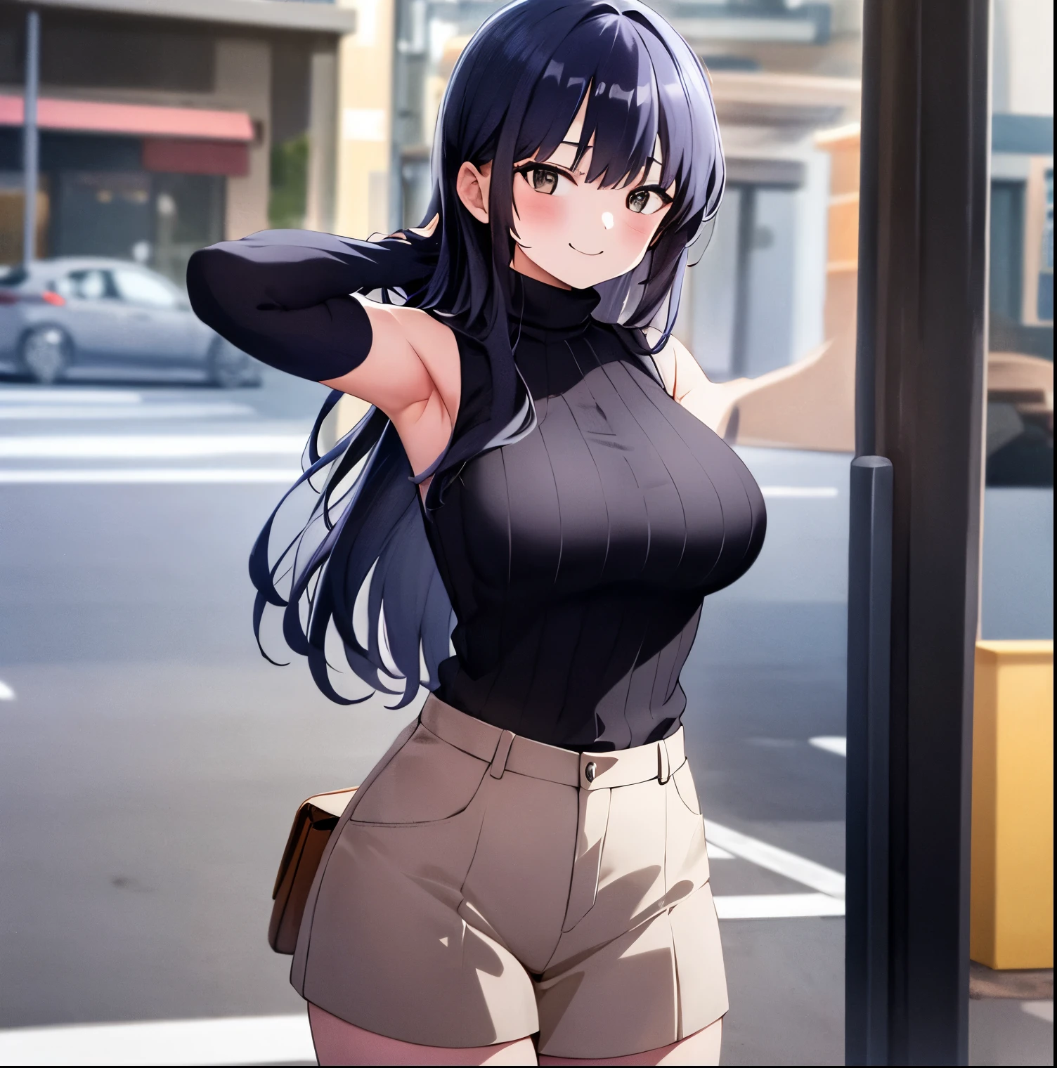 1girl, alone, Anna Yamada,masterpiece,best quality,highres,ultra-detailed,aaanna,long hair,bangs,large breasts,(sweater:1.2),(turtleneck:1.2),street,smile,standing,(sleeveless:1.4),arm_behind_head,arms_up,cowboy shot,no pants, perfect hands, perfect anatomy 