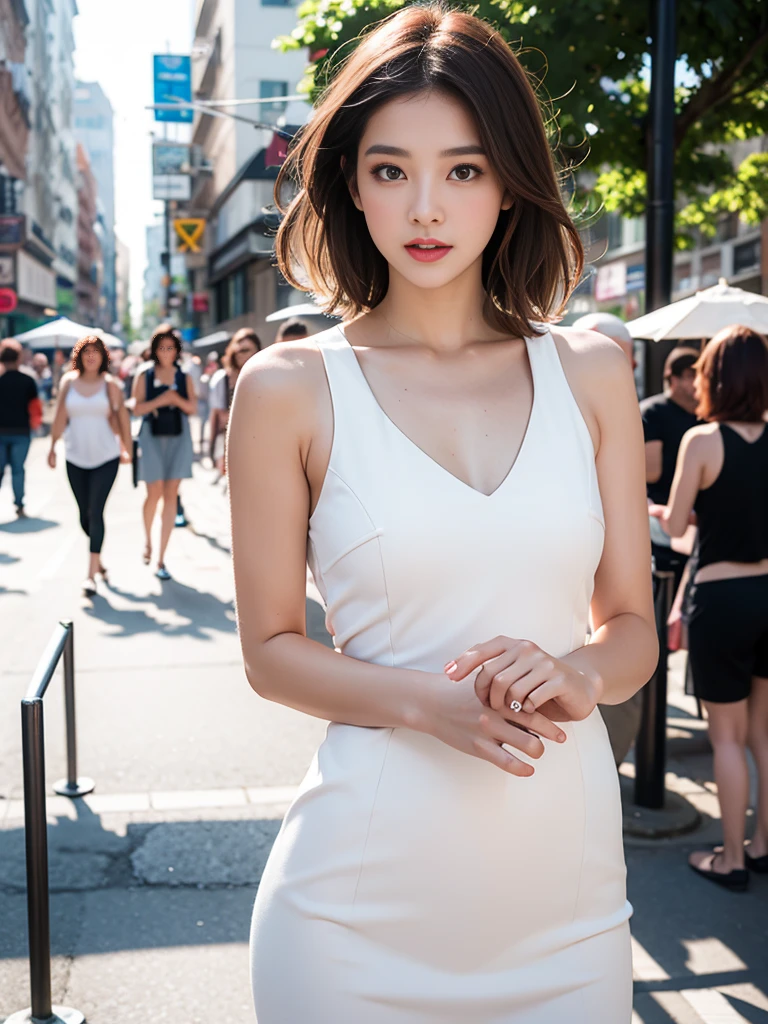Woman poses seductively street corner, top quality, high resolution, 8k, girl alone, slightly chubby body, outdoor, (street: 0.8), (people, crowd: 1), sleeveless dress, pink white dress: 1.5), gorgeous, (medium hair), (dynamic pose: 0.8), (upper body: 1.2), soft lighting, wind, shiny skin, gaze,