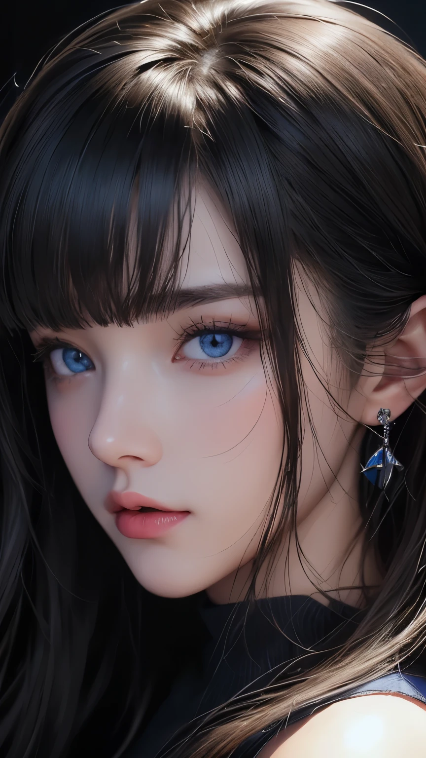 masterpiece, best quality, ultra-detailed, facing the camera head on, intricately detailed hyperdetailed, realistic, sharp features, highly detailed, sharp focus, perfect face, perfect face, perfect symmetrically perfect eyes, perfect full lips, flexible female form, cinematic, film light, hyper detailed, hyper realistic, masterpiece, atmospheric, high resolution, vibrant, dynamic studio lighting, ((Dark background)), Facial expressions when receiving pleasure, straight Bangs, blue Eyes,black sweater, cowboy shot, Big breasts,