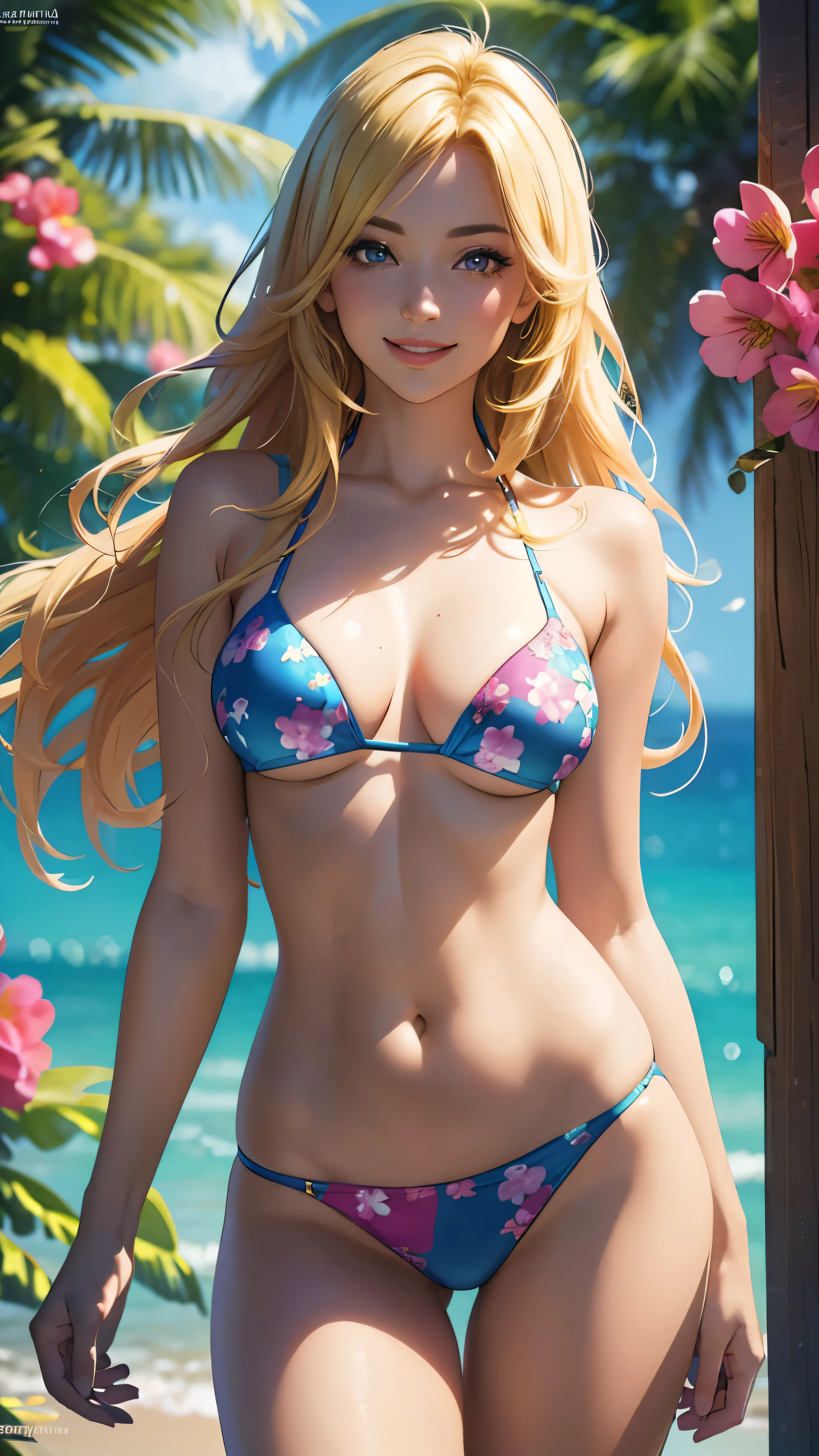 (best quality,ultra-detailed,photo-realistic:1.37),bright and vibrant colors,studio lighting,playful expression,stylish makeup,bikini,flowers,blonde hair flowing in the wind,alluring eyes,glossy lips,sexy pose, smiling in a confident and seductive way,posing for a professional photoshoot,shallow depth of field,highlighting the main subject,soft natural lighting,creating a dreamy and magical atmosphere, standing up