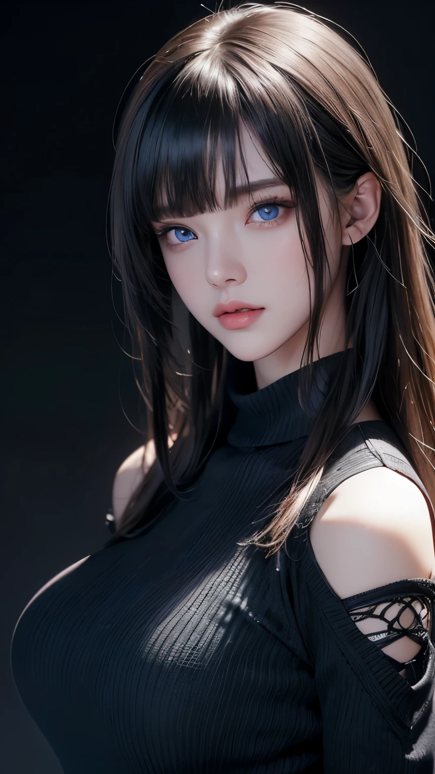 masterpiece, best quality, ultra-detailed, facing the camera head on, intricately detailed hyperdetailed, realistic, sharp features, highly detailed, sharp focus, perfect face, perfect face, perfect symmetrically perfect eyes, perfect full lips, flexible female form, cinematic, film light, hyper detailed, hyper realistic, masterpiece, atmospheric, high resolution, vibrant, dynamic studio lighting, ((Dark background)), Facial expressions when receiving pleasure, straight Bangs, blue Eyes,black sweater, cowboy shot, Big breasts,