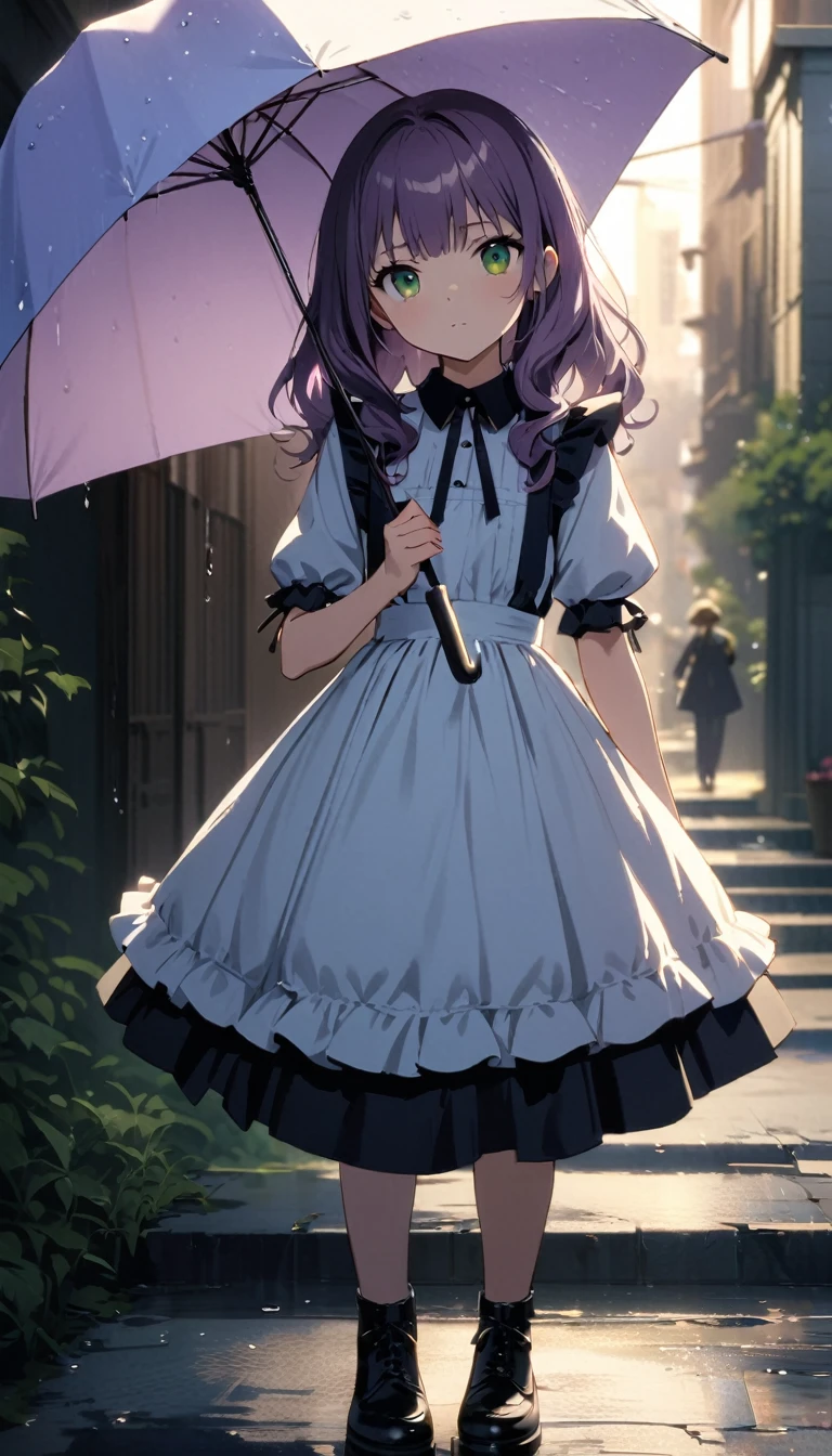 (Cute a girl)1.5,(masterpiece)1.3,anime visual,(Lovey-dovey)1.4,(tilt head)1.3,(moe moe kyun)1.3,extremely delicate face,clean focus, realistic lighting and shading, (an extremely delicate and beautiful art)1.3, elegant, (muted colors)1.2,(lavender-colored blunt long wavy bang hair)1.4,green eyes, full body,A gothic maid, Evening rain, walking with an umbrella,