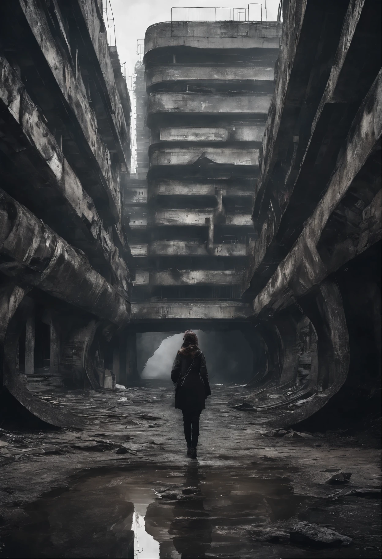 image taken from above and behind the shoulder of a dirty GIRL with her back turned and DRESSED IN a dirty HOOD from a second floor balcony of a dilapidated futuristic curved building, she is looking at an ultra futuristic wide and tall wall, has 2 giant tunnels in the wall with giant hydro-electric turbine propellers, distopia, lixo nas ruas, curved buildings in ruins, apocalypse moderno, has smoky metal structures , It's raining, there are puddles of water in the streets, apocalyptic industrial environment with smoke and fog around, carros escuros nas ruas, tem viadutos largos e longos e bifurcados no meio da cidade, desert megalopolis, trilhos e trens modernos de de metal passando estre as ruas da cidade, curved and tall futuristic metal buildings, many ultra modern curved buildings around, as realistic as possible, As detailed as possible, imagem realista, Science fiction