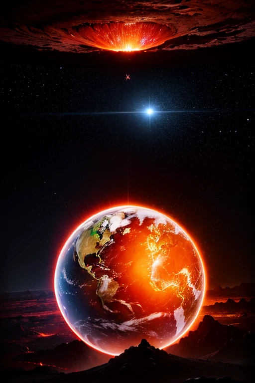 cybernetic earth with a red light inside, scientific earth crust, the earth sprouts lava, earth covers lightly, whole earth, the earth, hollow earth, the planet is warm with canyons, earthy, the planet, volcanoes erupting, ring of fire, the stars and galaxy in the background