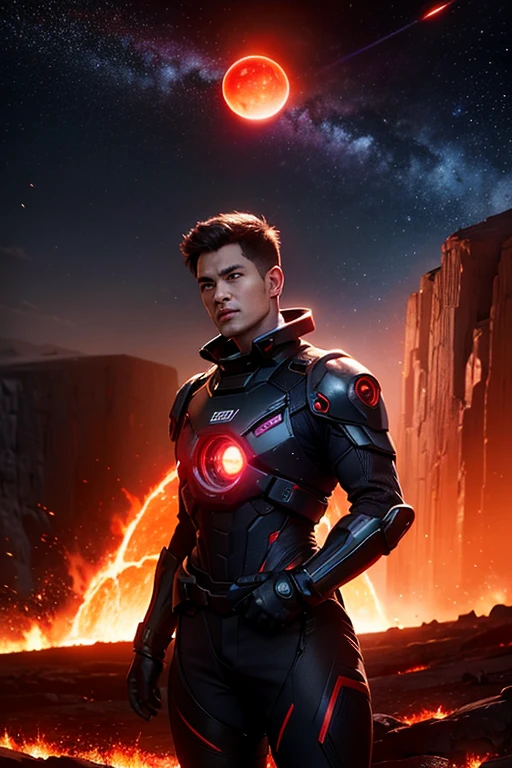 cybernetic earth with a red light inside, scientific earth crust, the earth sprouts lava, earth covers lightly, whole earth, the earth, hollow earth, the planet is warm with canyons, earthy, the planet, volcanoes erupting, ring of fire, the stars and galaxy in the background