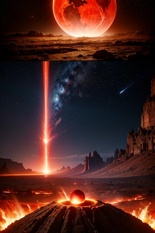 cybernetic earth with a red light inside, scientific earth crust, the earth sprouts lava, earth covers lightly, whole earth, the earth, hollow earth, the planet is warm with canyons, earthy, the planet, volcanoes erupting, ring of fire, the stars and galaxy in the background