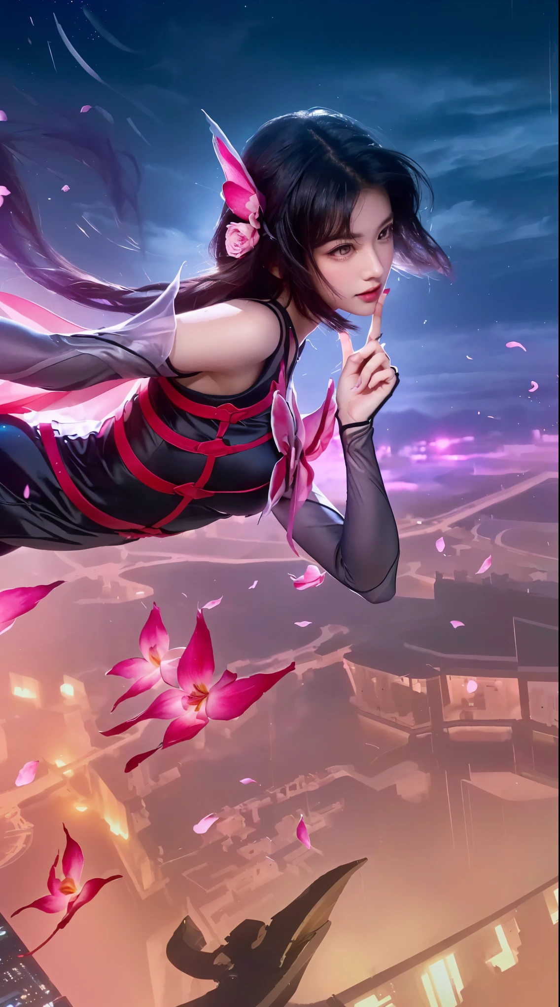(a realistic girl flying over a city with a pink flower in her hair),(best quality,4k,8k,highres,masterpiece:1.2),ultra-detailed,(realistic,photorealistic,photo-realistic:1.37),artgerm detailed,artgerm style,extremely detailed artgerm,fantasy,beautiful detailed eyes,beautiful detailed lips,long eyelashes,waving hair,pink flower,happy expression,cityscape lights,skyscrapers,city glowing at night,pink and purple color palette,soft lighting,artgerm's signature style