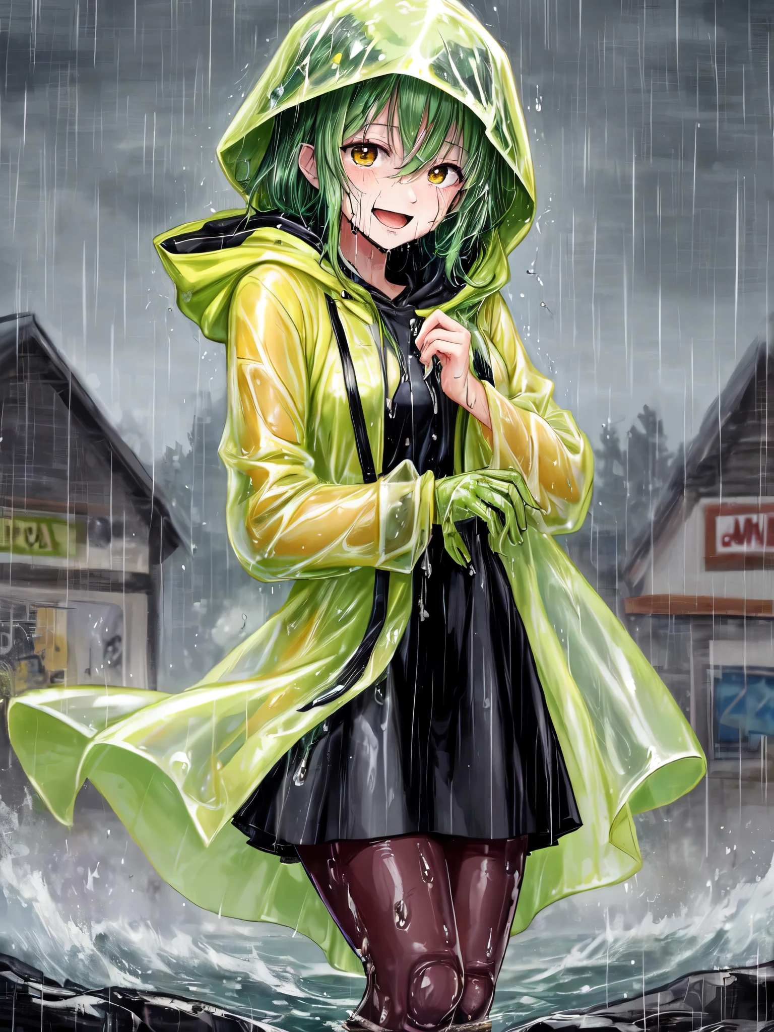 score_9, score_8_up, score_7_up, score_6_up, score_5_up, score_4_up, source_anime, slime girl, green skin, translucent yellow (raincoat:1.1), hands behind back, tilted forward, playful, happy, wet, outside, rural town, heavy rain, (raining:1.1), wind, cowboy shot, humanoid, solo, detailed, beautiful