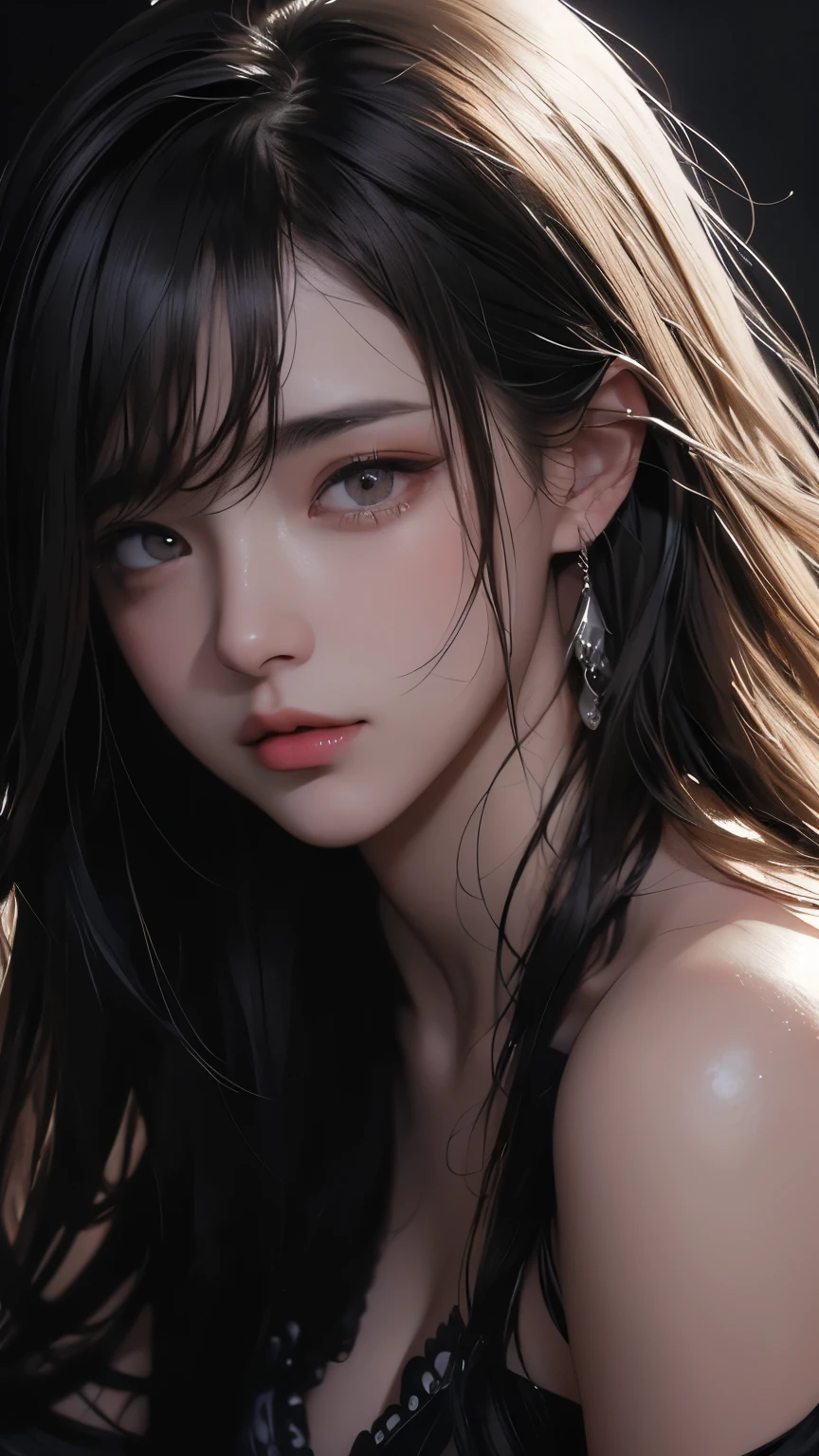 masterpiece, Best Quality, Illustration, Ultra-detailed, finely detail, hight resolution, 8K Wallpaper, Perfect dynamic composition, Beautiful detailed eyes , open mouse, Sexy face,Face feeling ecstasy,Face at the peak of sexual arousal, looking at viewer, ((Dark background)), in the style of Mark Demsteader,