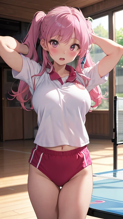 masterpiece、highest quality、Very detailed、Photograph the upper body、1 female、(Put your arms behind your back:1.4)、Are standing、Turn your body forward、View your viewers、(Table Tennis Uniforms)、break,blush、shy、Pink Hair、Open your mouth、gym、Big Breasts、