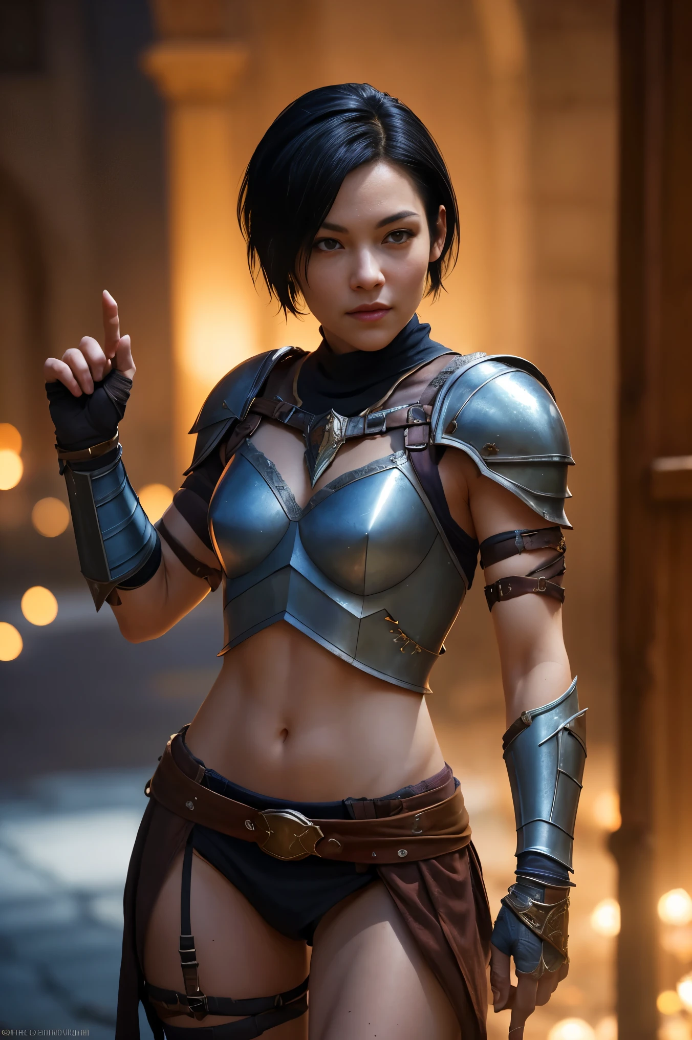 A beautiful female rogue, short black hair, D&D aesthetic, skimpy armour, high detail face, high detail skin, 8, HDR, high resolution, photo-realistic, cinematic lighting, depth of field, bokeh, rim lighting, backlit, cool colours, night