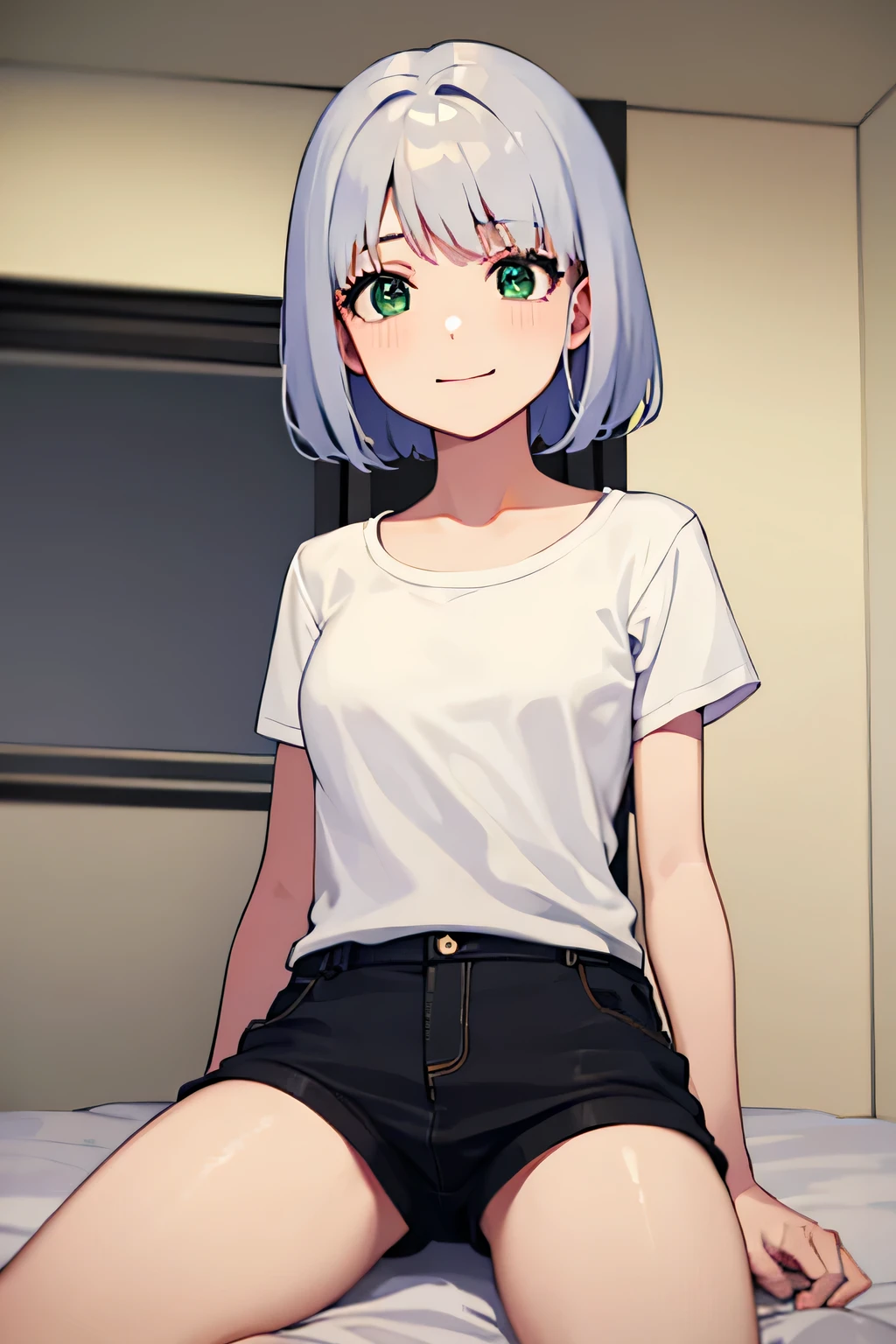 Short silver hair, green eyes, , White t-shirt, Black short girl, He smiles, Beautiful thighs, Bedrooms 
