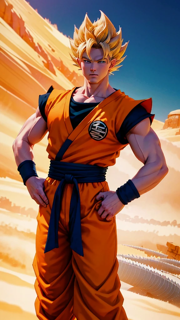 Masterpiece, Ultra realistic, 16k, high quality, incredibly detailed, dream aesthetic, dream atmosphere, pretty man. Tall. Son Goku (super saiyan) from Dragon Ball Z (Majin buu saga), shiny (pale-blond) hair, realistic pale-golden hair, messy spiky hair. Turquoise bright eyes, intense eyes look, shiny serious (blue) eyes. Pale-blond hair fluttering. blushing cheeks. tanned skin illuminated, realistic perfect shading, absurdres, realistic textures, pretty man, looking at viewer, standing. Tall. orange goku shirt with a dark blue shirt under, dark blue waist band (hyper realistic) orange pants (real textures). quarry desert (with mountains), blurred background. Son Goku. (detailed textures). quarry (background unfocused), pastel colors, depth, best quality, Photorealistic.