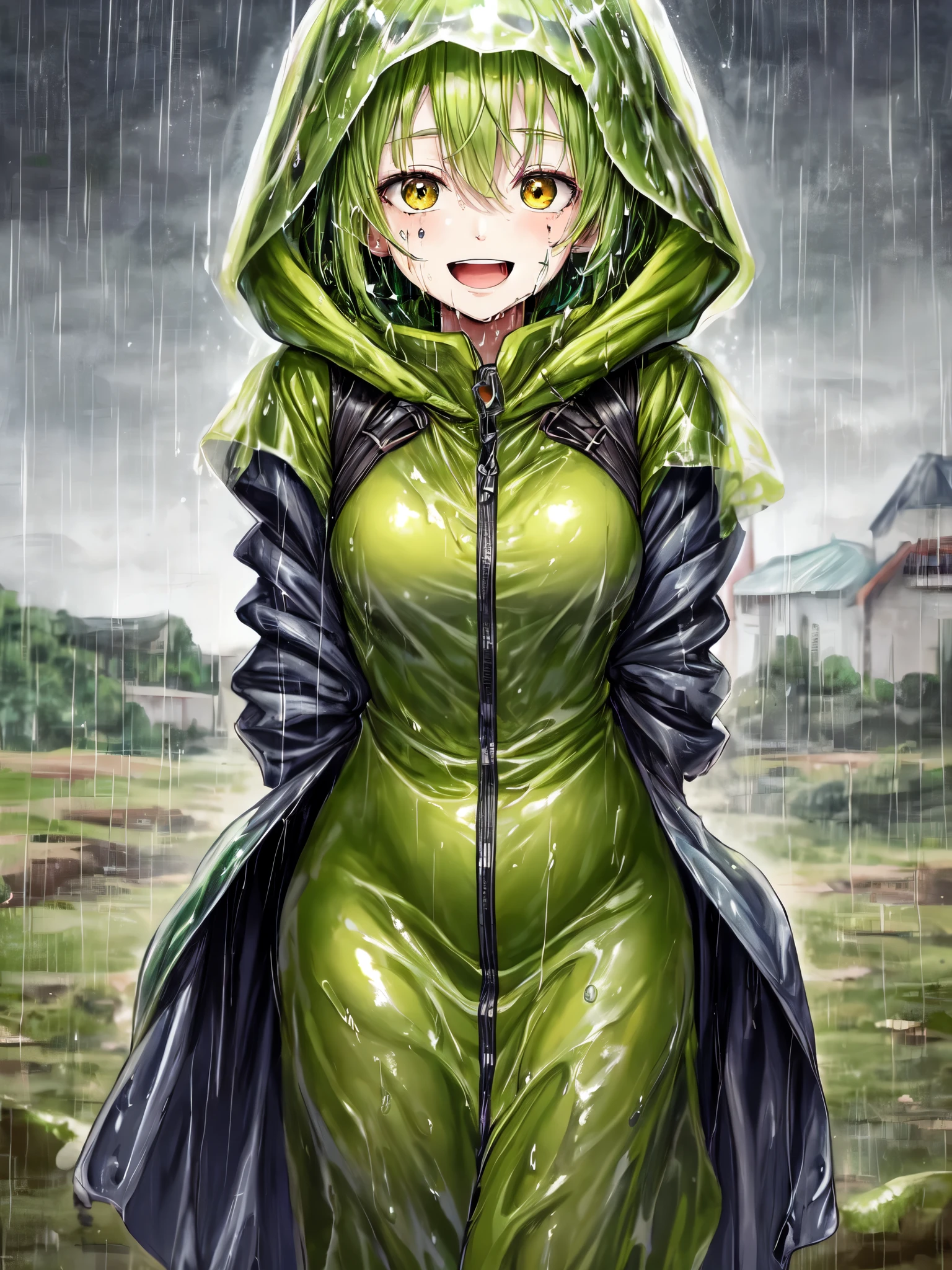 score_9, score_8_up, score_7_up, score_6_up, score_5_up, score_4_up, source_anime, slime girl, green skin, translucent yellow (raincoat:1.1), hands behind back, tilted forward, playful, happy, wet, outside, rural town, heavy rain, (raining:1.1), wind, cowboy shot, humanoid, solo, detailed, beautiful