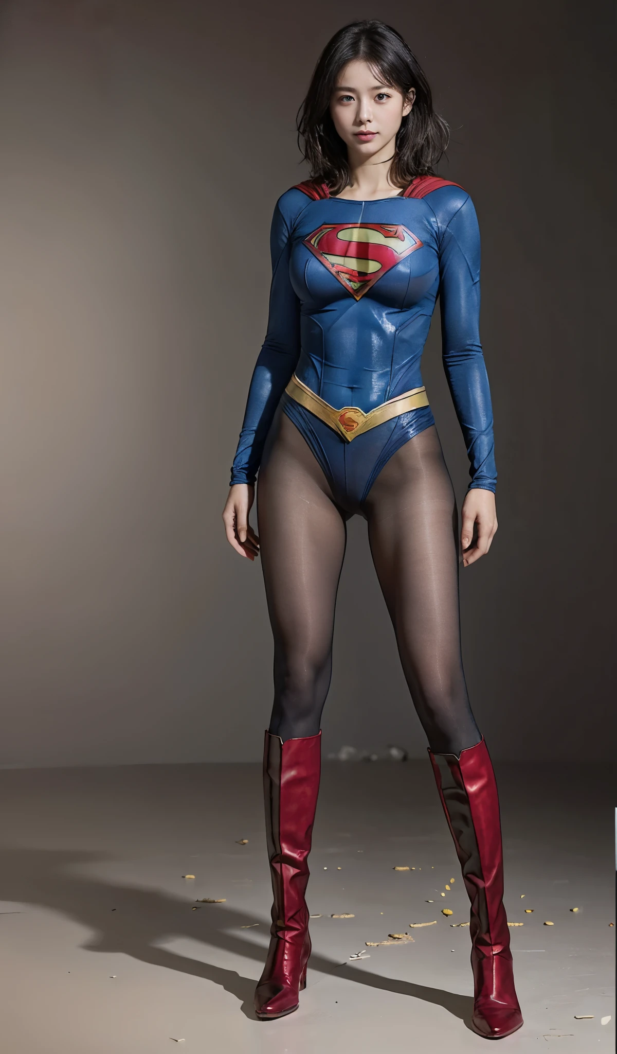 No background、(((Beautiful legs in black tights.)))、(((Legally express the beauty of your smile)))、((((Make the most of your original images)))、(((Supergirl Costume)))、(((Beautiful short bob hair)))、(((suffering)))、(((Please wear black tights....、Wear red boots)))、((Best image quality、8k))、((highest quality、8k、masterpiece:1.3))、(((Preserve background )))、Sharp focus:1.2、Beautiful woman with perfect figure:1.4、Slim Abs:1.2、Wet body:1.5、Highly detailed face and skin texture、8k