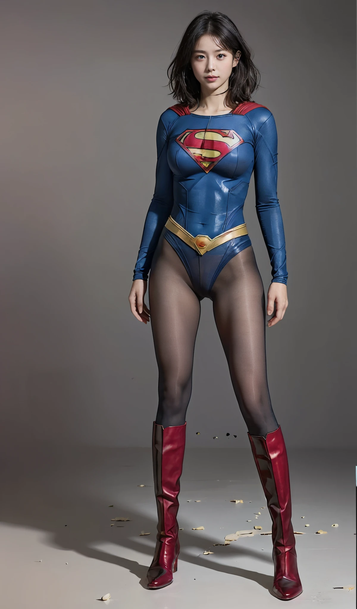 No background、(((Beautiful legs in black tights.)))、(((Legally express the beauty of your smile)))、((((Make the most of your original images)))、(((Supergirl Costume)))、(((Beautiful short bob hair)))、(((suffering)))、(((Please wear black tights....、Wear red boots)))、((Best image quality、8k))、((highest quality、8k、masterpiece:1.3))、(((Preserve background )))、Sharp focus:1.2、Beautiful woman with perfect figure:1.4、Slim Abs:1.2、Wet body:1.5、Highly detailed face and skin texture、8k