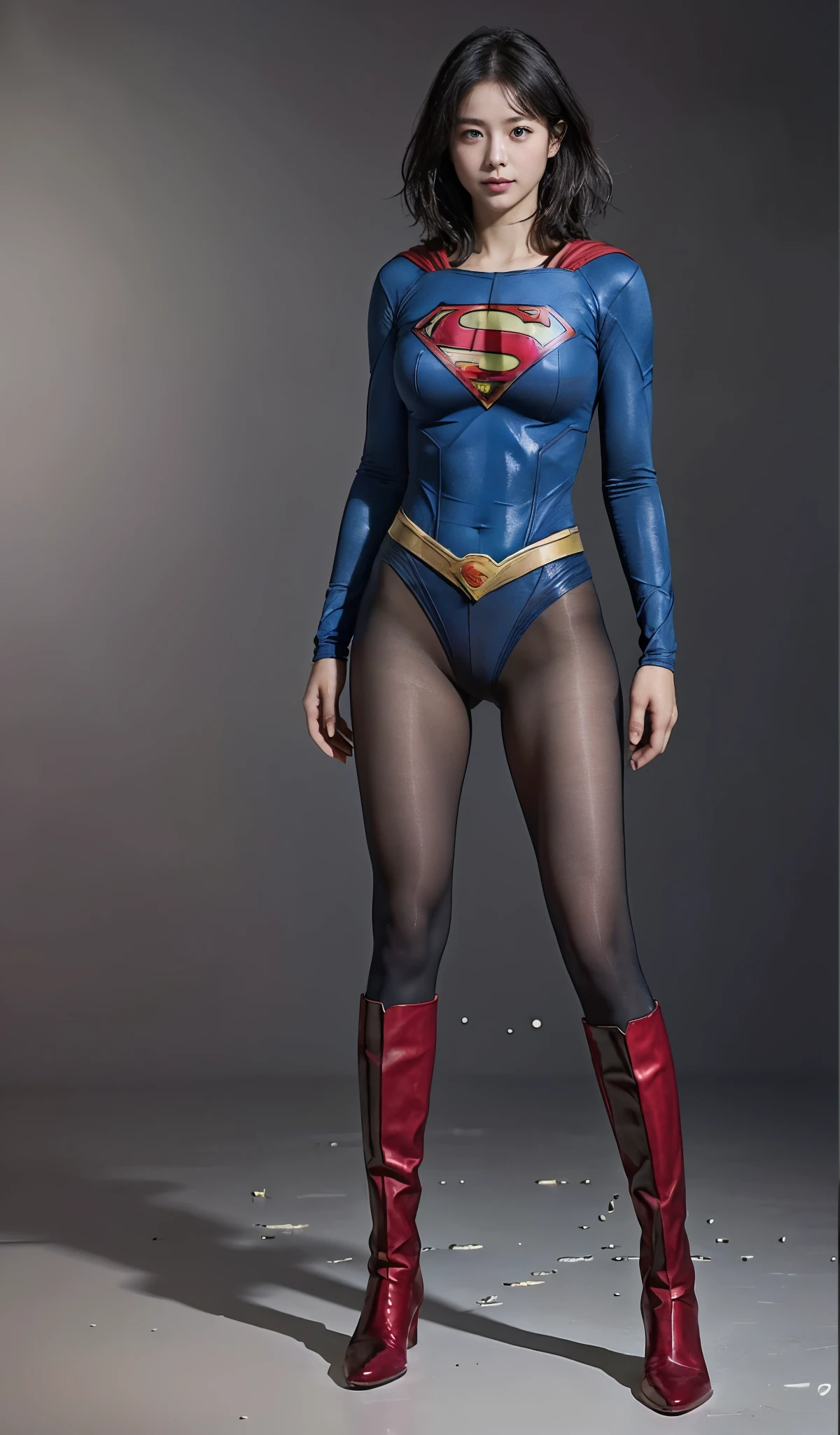 No background、(((Beautiful legs in black tights.)))、(((Legally express the beauty of your smile)))、((((Make the most of your original images)))、(((Supergirl Costume)))、(((Beautiful short bob hair)))、(((suffering)))、(((Please wear black tights....、Wear red boots)))、((Best image quality、8k))、((highest quality、8k、masterpiece:1.3))、(((Preserve background )))、Sharp focus:1.2、Beautiful woman with perfect figure:1.4、Slim Abs:1.2、Wet body:1.5、Highly detailed face and skin texture、8k