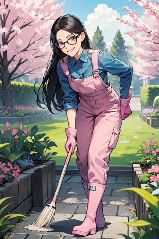 A mature woman with black hair and glasses wearing a blue long-sleeved overalls, pink long rubber gloves and white rubber boots, cleaning the garden while smiling gently