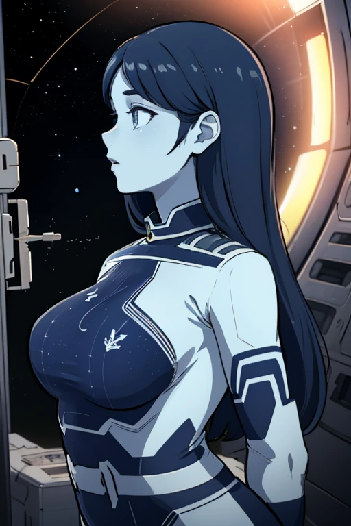 masterpiece, best quality, thewpn, blue skin, blue bodysuit, large breasts, profile, outer space, space station, glowing, hologram, spotlight