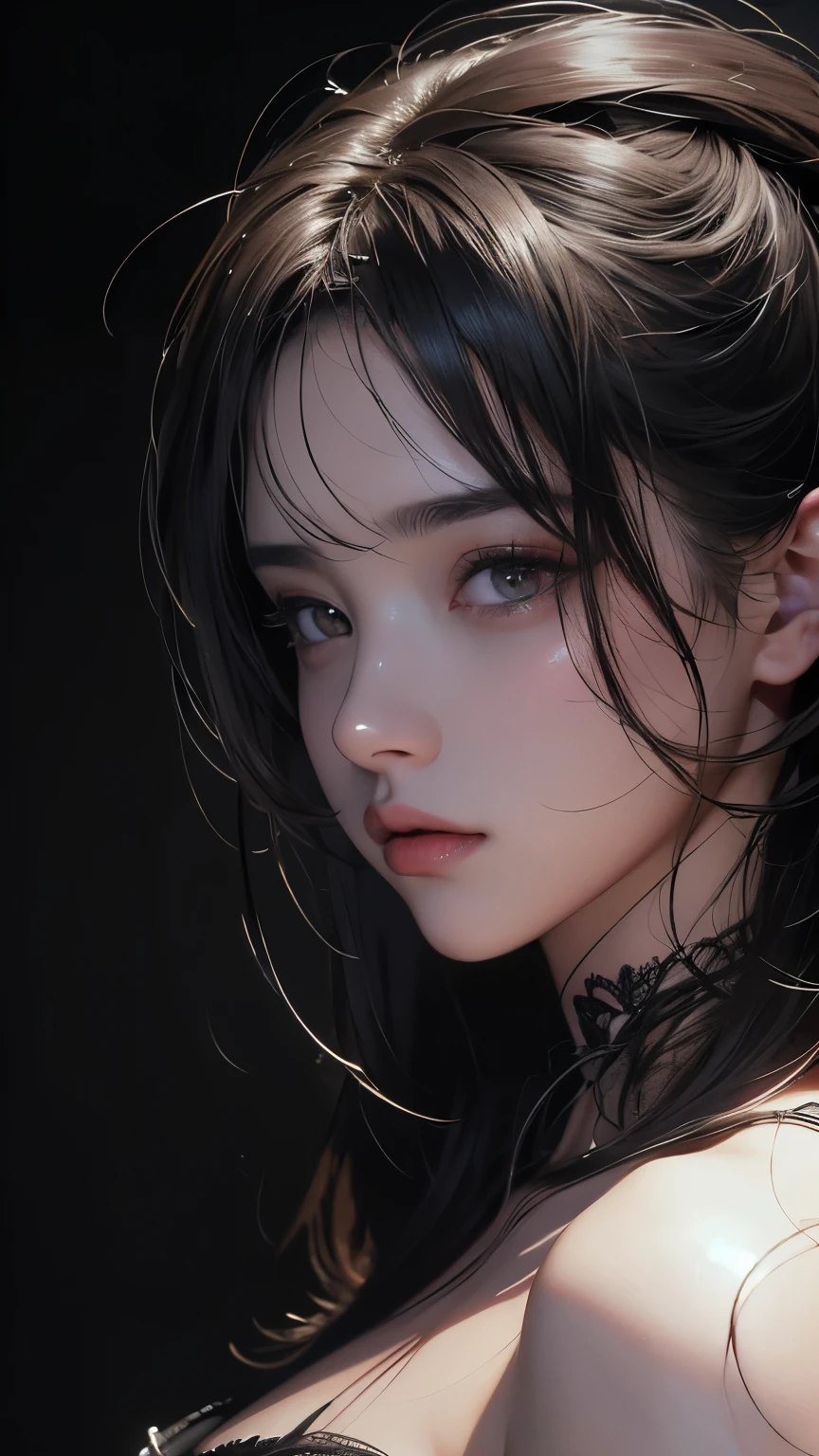 masterpiece, Best Quality, Illustration, Ultra-detailed, finely detail, hight resolution, 8K Wallpaper, Perfect dynamic composition, Beautiful detailed eyes , open mouse, Sexy face,Face feeling ecstasy,Face at the peak of sexual arousal, looking at viewer, ((Dark background)), in the style of Mark Demsteader,