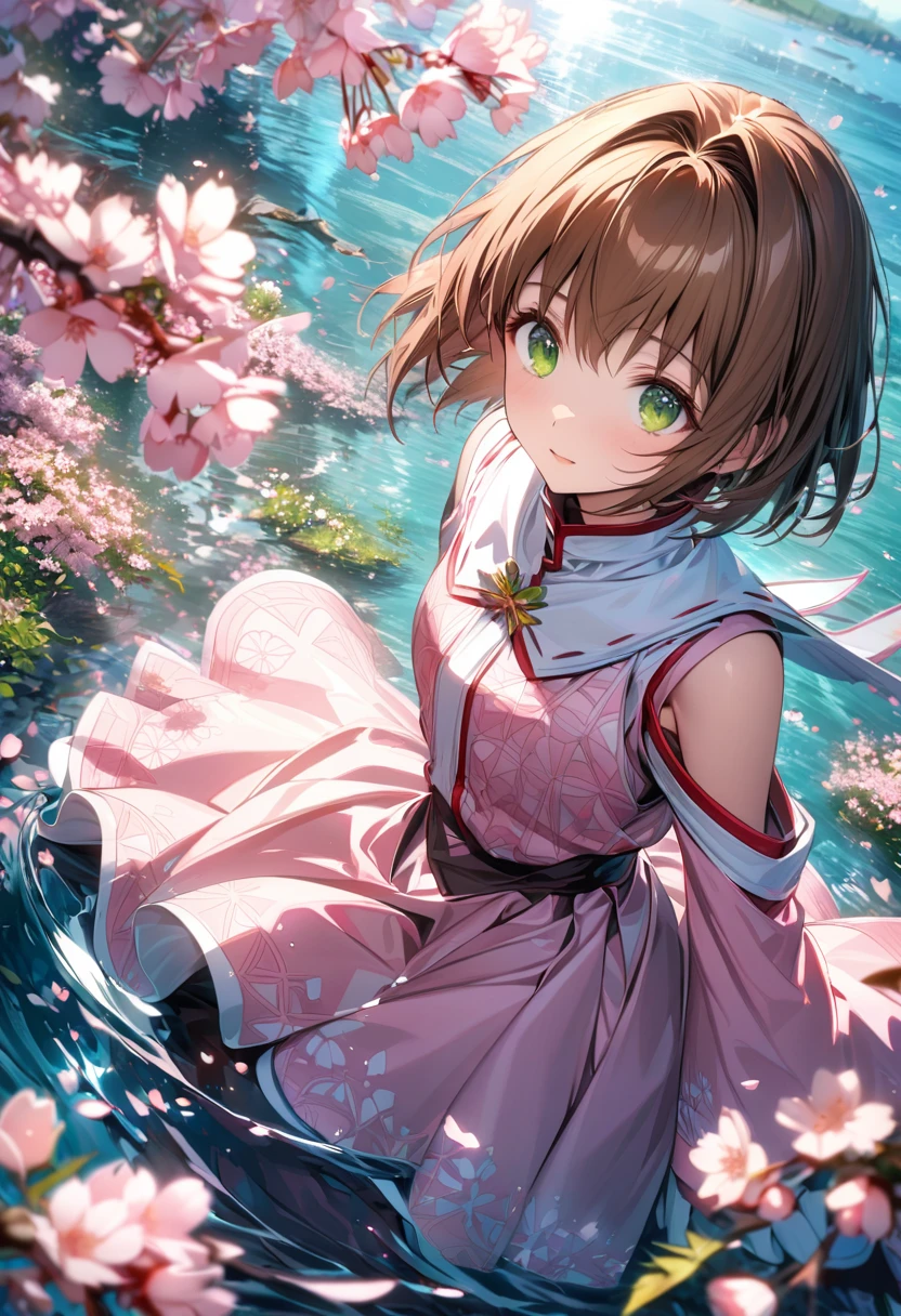 Ultra detailed, highres, absurdres, HDR, Kinomoto Sakura, brown short hair, expressive green eyes, pink dress with patterns, Sakura card captor, magical cards, cherry blossoms, blossoms, solo, extremely beautiful, extremely detailed face and eyes, white gloves, woman, water,