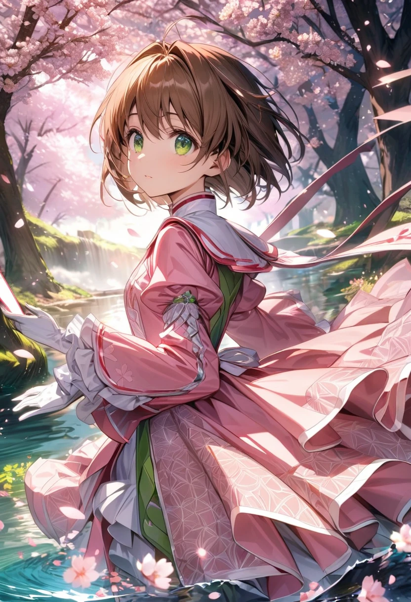 Ultra detailed, highres, absurdres, HDR, Kinomoto Sakura, brown short hair, expressive green eyes, pink dress with patterns, Sakura card captor, magical cards, cherry blossoms, blossoms, solo, extremely beautiful, extremely detailed face and eyes, white gloves, woman, water,