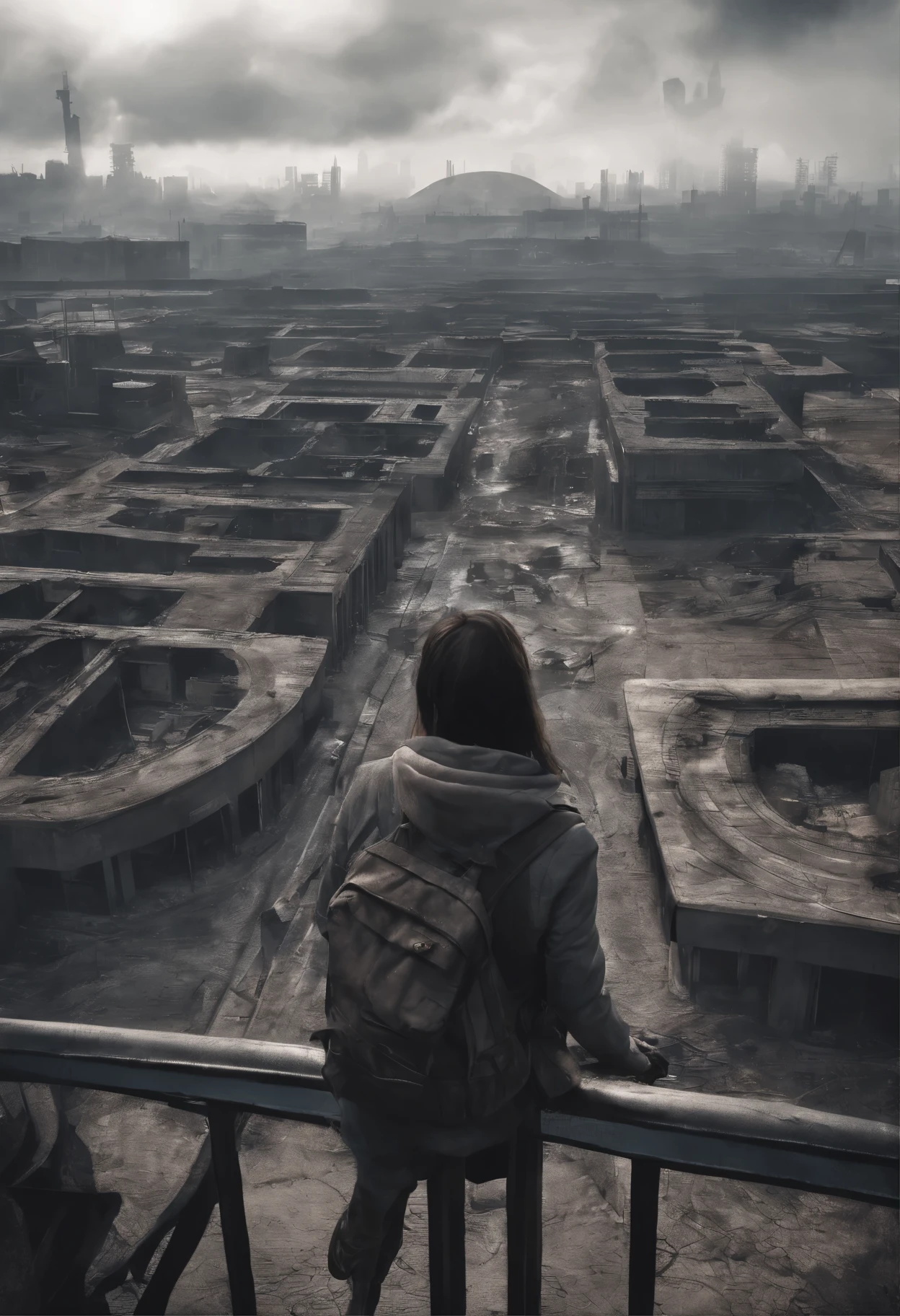 image taken from above and behind the shoulder of a dirty GIRL with her back turned and DRESSED IN a dirty HOOD from a second floor balcony of a dilapidated futuristic curved building, she is looking at an ultra futuristic wide and tall wall, has 2 giant tunnels in the wall with giant hydro-electric turbine propellers, distopia, lixo nas ruas, curved buildings in ruins, apocalypse moderno, has smoky metal structures , It's raining, there are puddles of water in the streets, apocalyptic industrial environment with smoke and fog around, carros escuros nas ruas, tem viadutos largos e longos e bifurcados no meio da cidade, desert megalopolis, trilhos e trens modernos de de metal passando estre as ruas da cidade, curved and tall futuristic metal buildings, many ultra modern curved buildings around, as realistic as possible, As detailed as possible, imagem realista, Science fiction