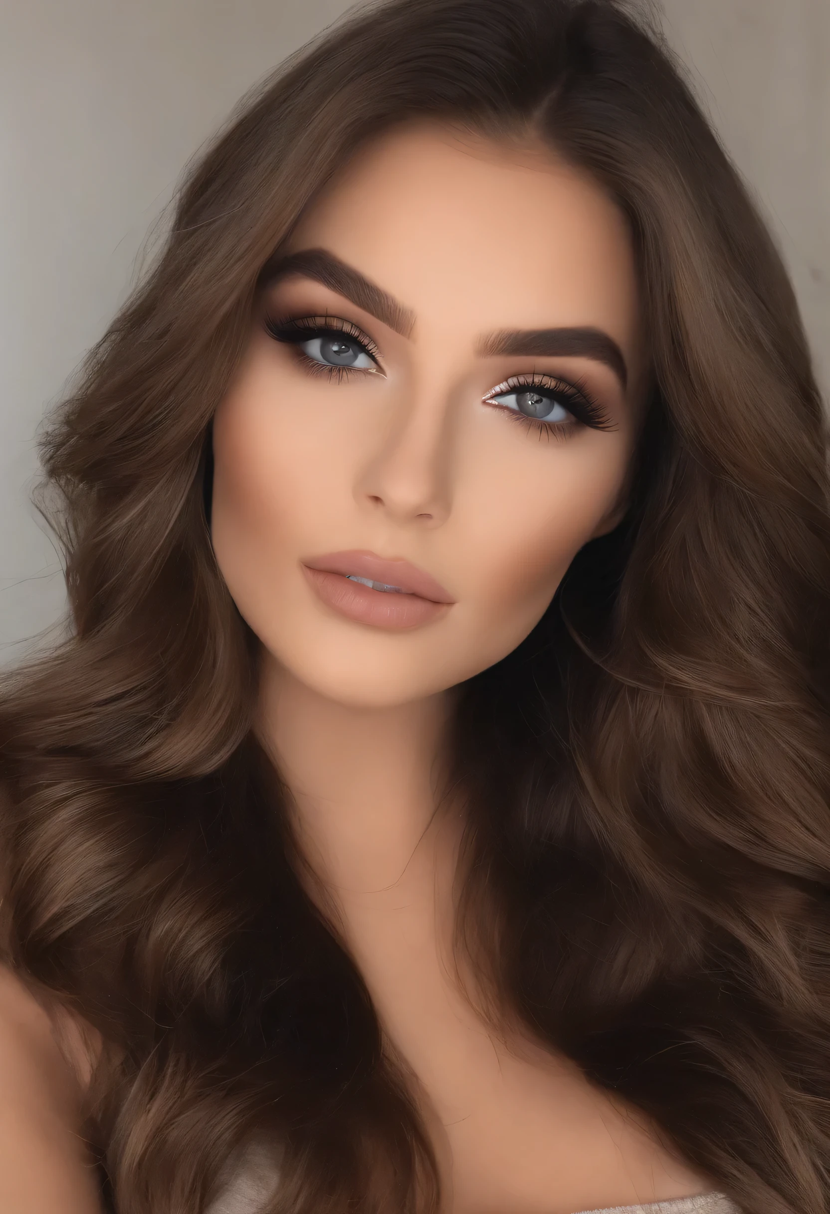 arafed femme pleinement , Fille sexy aux yeux marrons, ultra realistic, meticulously detailed, Portrait de Sophie Mudd, cheveux bruns et grands yeux, selfie d'une jeune femme, Yeux de chambre, Violette Myers, sans maquillage, Maquillage naturel, regarder directement la caméra, visage avec artgram, maquillage subtil, superbe photo de tout le corps à genoux sur le lit, dans la chambre, medium to large bust, des vetement couvert
