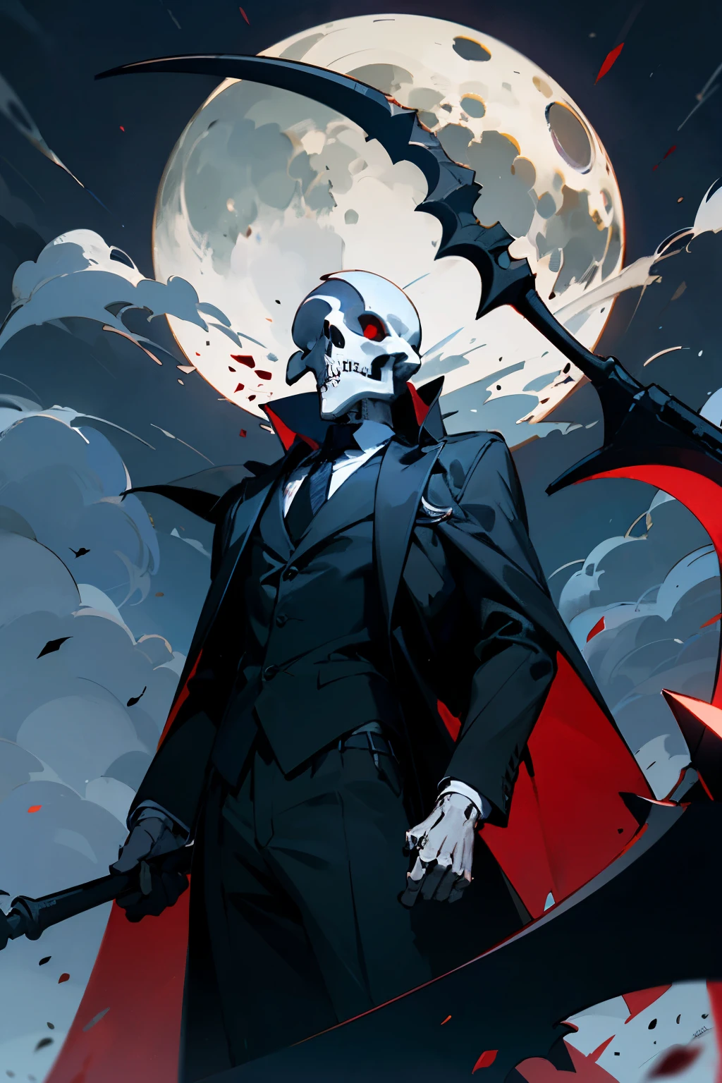 undead skeleton, black suit, dark gray coat, skeletal scythe, looking down on viewer, nighttime, cloudy skies, crescent moon, red eye glow