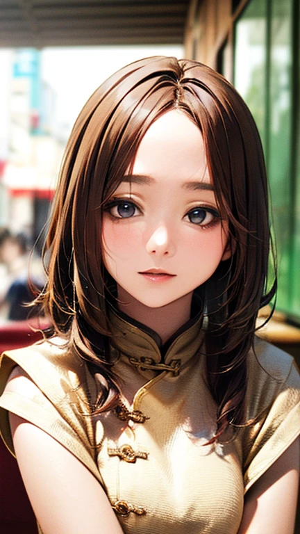 (Top quality masterpiece:1.2) Delicate illustrations, Very detailed, /Beautiful Japanese Woman、1 person,Very cute and slim、Excellent style 、((8K images、super high quality))、Very delicate face, Beautiful forehead、Beautiful thighs、Deep red lipstick,(((((Middle Hair、Light brown hair、Blonde hair))))),very cute、Kind eyes,(China dress)、starry skies、Tokyo night view、Cafe、Date