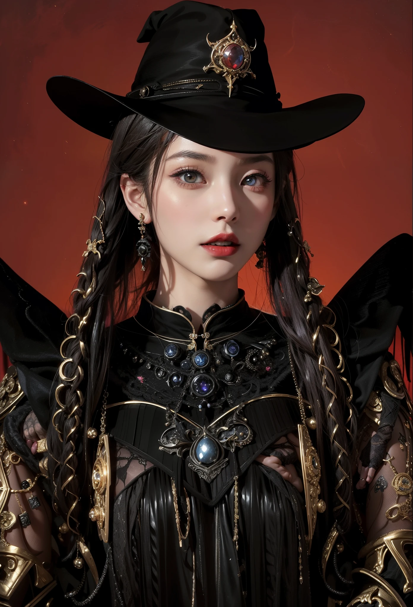 Detailed image quality，Witch Pandora，wing, Succubus Theme，堕落Angel，Excellent，scary，Secret Terror，Tentacles，With eyes，Uncanny Valley Effect，Beast Blood Moon，skeleton，vampire，Hellfire，Dark Queen，Angel，magician magic witch，16岁Angel，Eyes are blue(Pupils as deep as the starry sky)，Gorgeous tattoo designs all over the body，Rostow Photos(8K picture quality，Rich in details)，Dark eyeshadow，Sexy thick lips(Red lipstick)，Delicate and exquisite gold jewelry，Mongolian woman，Mongolian clothes，sorcerer magic witch，Priestess