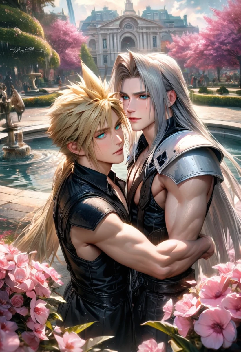 absurdres, highres, ultra detailed, HDR, master piece, ultra detailed picture, extremely detailed face and eyes, realistic face, Sephiroth, gray long hair, expressive green eyes, Final Fantasy VII remake, Cloud Strife, blonde hair, expressive blue eyes, two men together, gay couple, handsome, black clothes, pink flowers, park, fountain, pink trees, pink butterflies