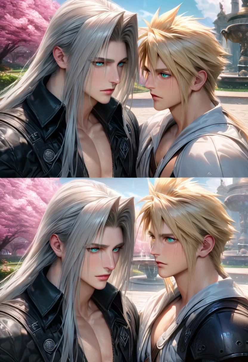 absurdres, highres, ultra detailed, HDR, master piece, ultra detailed picture, extremely detailed face and eyes, realistic face, Sephiroth, gray long hair, expressive green eyes, Final Fantasy VII remake, Cloud Strife, blonde hair, expressive blue eyes, two men together, gay couple, handsome, black clothes, pink flowers, park, fountain, pink trees, pink butterflies