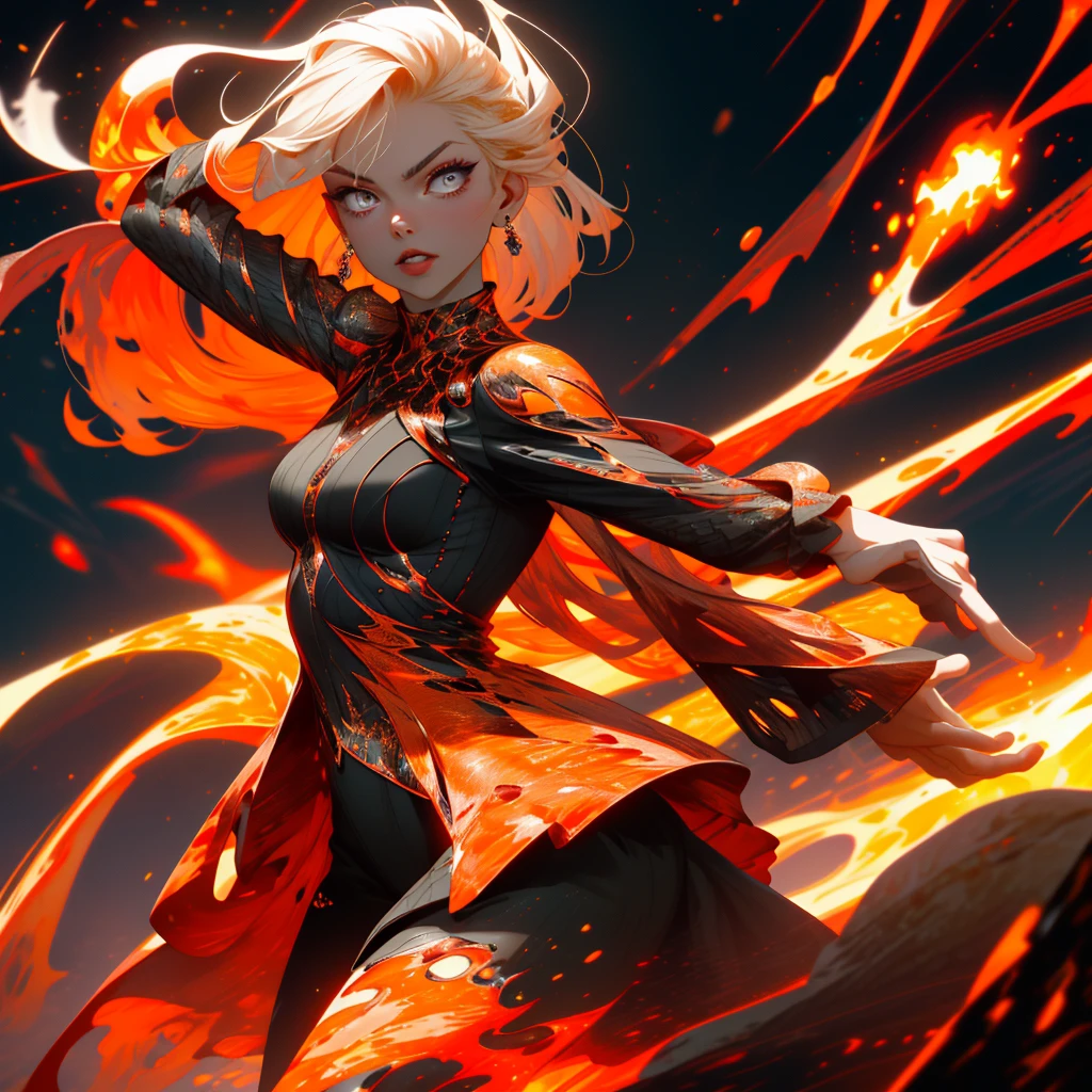 (best quality,4k,highres:1.2),ultra-detailed,realistic,lava demon girl,ditzy blonde,girl with lava body paint,seductively dancing,dynamic movement,lava-like distortion,scorching environment,fiery atmosphere,smouldering effect,dramatic lighting,sinister performance,eye-catching pose,dark and intense colors,vivid orange and red tones, mesmerizing gaze,destructive power,mysterious aura,molten lava cracks,fiery sparks,smoky background,dance of flames,captivating expression,dramatic contrast,alluring beauty,fiery enchantress,mesmerizing performance,transfixing audience,wicked and seductive presence,blazing heat,incandescent glow,infernal sensation,visual spectacle,feverish passion,demonic charm,spellbinding performance, hypnotic movement.