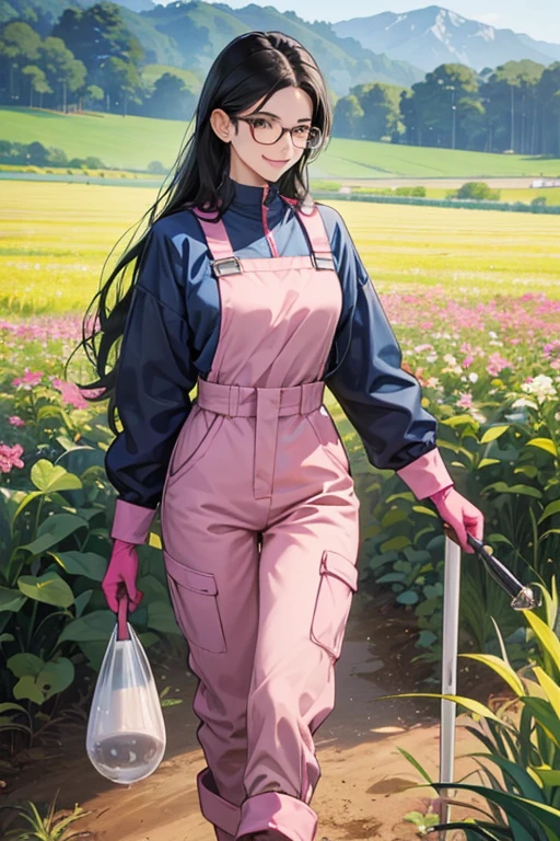 A mature woman with black hair and glasses wearing a blue long-sleeved jumpsuit, pink long rubber gloves and white rubber boots, working in the fields while smiling gently