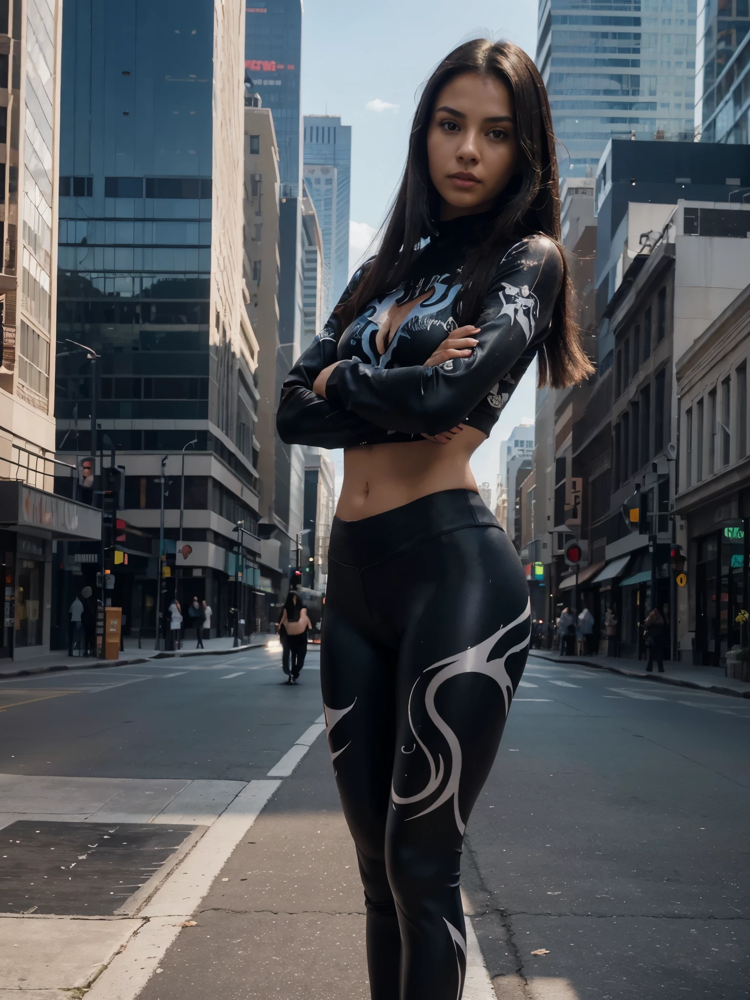 8k, RAW photo, best quality, ultra high resolution, (photorealistic), very realistic, realistic photo of skinny brunette girl carnage, (skinny brunette girl carnage, 20 years old, most beautiful native american girl in the world, tanned skin, black hair, straight hair), in the city downtown, skyscrapers, modern city view, bright light, (full body picture), standing posing for picture, sexy pose, wearing venom print black sport top, (venom print black sport top), long sleeves, wearing venom print black yoga pants, (venom print black yoga pants), (looking at viewer), (extremely detailed CG unity 8k wallpaper), Sharp focus, (bright light)