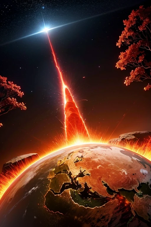 cybernetic earth with a red light inside, scientific earth crust, the earth sprouts lava, earth covers lightly, whole earth, the earth, hollow earth, the planet is warm with canyons, earthy, the planet, volcanoes erupting, the stars and galaxy in the background, first person Point of View