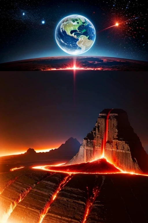 cybernetic earth with a red light inside, scientific earth crust, the earth sprouts lava, earth covers lightly, whole earth, the earth, hollow earth, the planet is warm with canyons, earthy, the planet, volcanoes erupting, the stars and galaxy in the background, first person Point of View