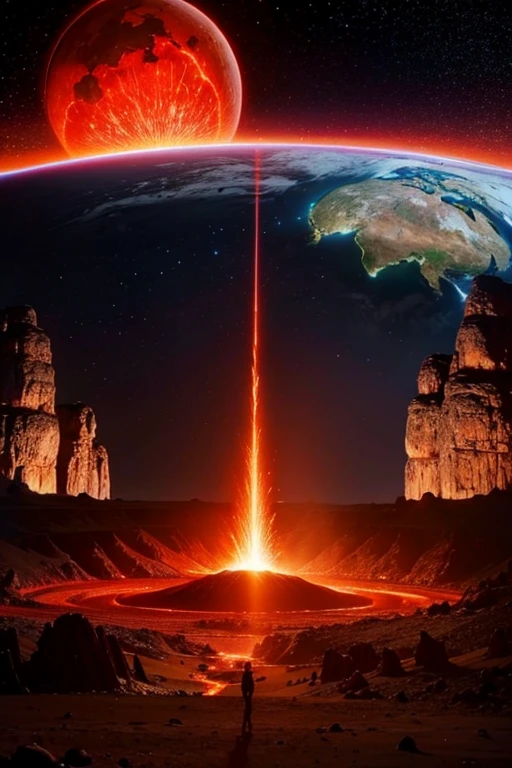 cybernetic earth with a red light inside, scientific earth crust, the earth sprouts lava, earth covers lightly, whole earth, the earth, hollow earth, the planet is warm with canyons, earthy, the planet, volcanoes erupting, the stars and galaxy in the background, first person Point of View
