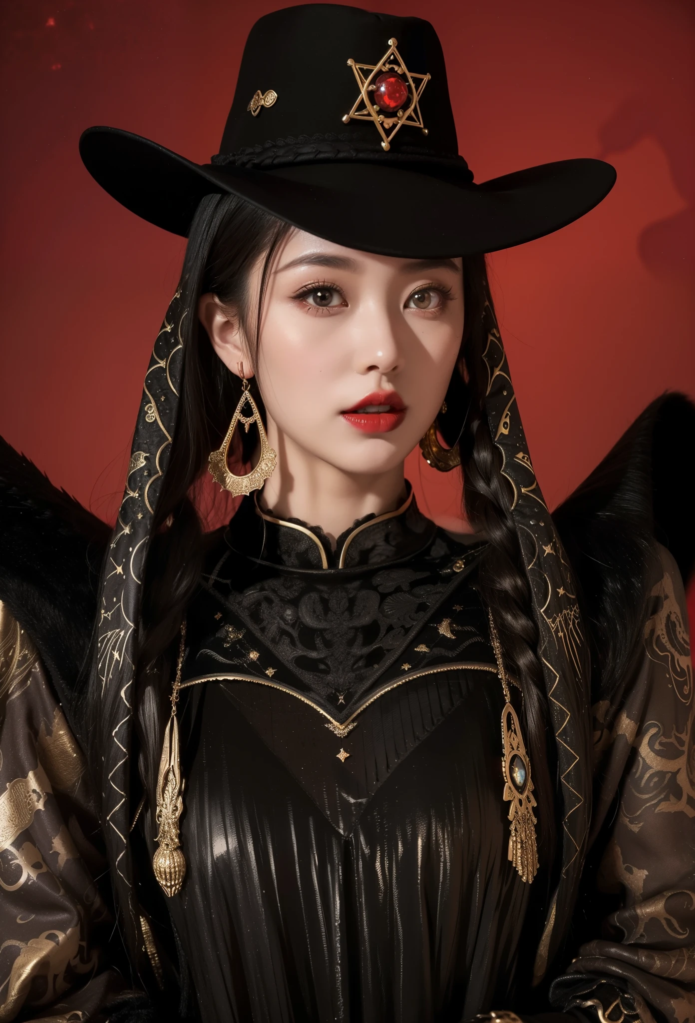 Detailed image quality，Witch Pandora，wing, Succubus Theme，堕落Angel，Excellent，scary，Secret Terror，Tentacles，With eyes，Uncanny Valley Effect，Beast Blood Moon，skeleton，vampire，Hellfire，Dark Queen，Angel，magician magic witch，16岁Angel，Eyes are blue(Pupils as deep as the starry sky)，Gorgeous tattoo designs all over the body，Rostow Photos(8K picture quality，Rich in details)，Dark eyeshadow，Sexy thick lips(Red lipstick)，Delicate and exquisite gold jewelry，Mongolian woman，Mongolian clothes，sorcerer magic witch，Priestess