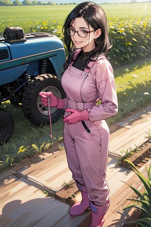 A mature woman with black hair and glasses wearing a blue long-sleeved jumpsuit, pink long rubber gloves and white rubber boots, working in the fields while smiling gently