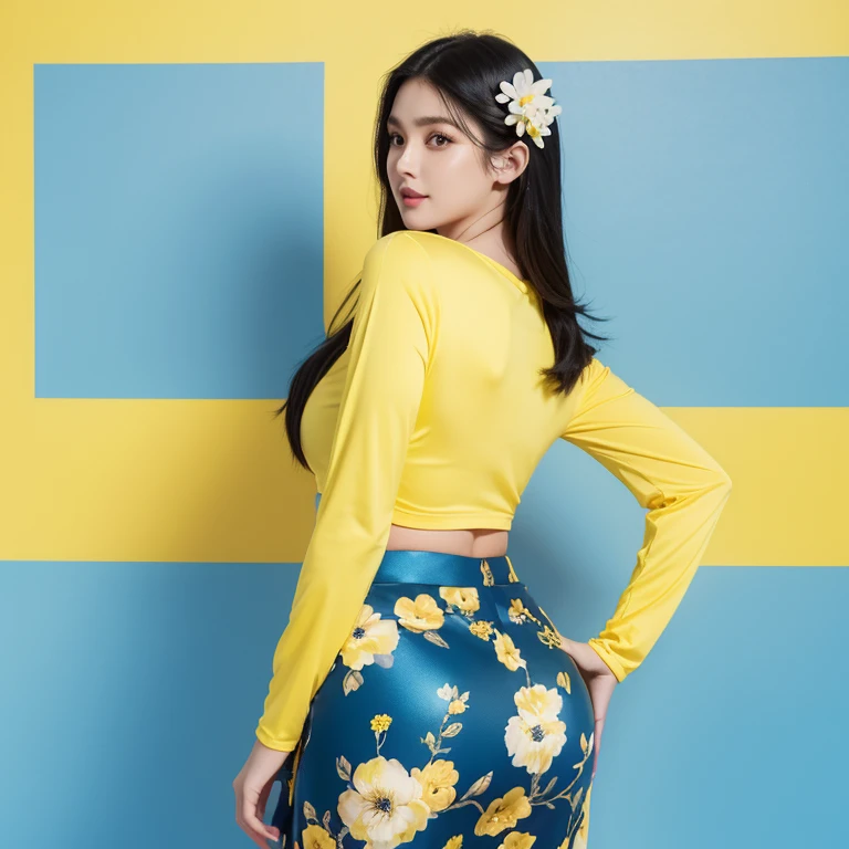 1girl ( shiny long black hair, shiny skin), huge breasts, voluptuous, curvy, back shot, standing and looking at the viewer, , acmm ls outfit, wearing acmm top, (yellow) acmm top, long sleeves, wearing blue acmm long PRINT WITH WHITE SMALL FLOWER skirt, (((BLUE BACKGROUND)))