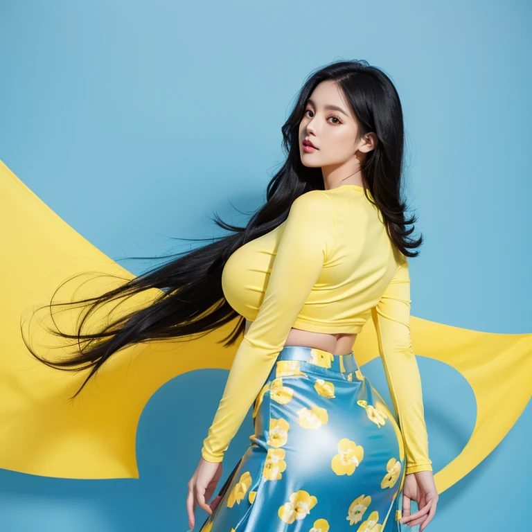 1girl ( shiny long black hair, shiny skin), huge breasts, voluptuous, curvy, back shot, standing and looking at the viewer, , acmm ls outfit, wearing acmm top, (yellow) acmm top, long sleeves, wearing blue acmm long PRINT WITH WHITE SMALL FLOWER skirt, (((BLUE BACKGROUND)))
