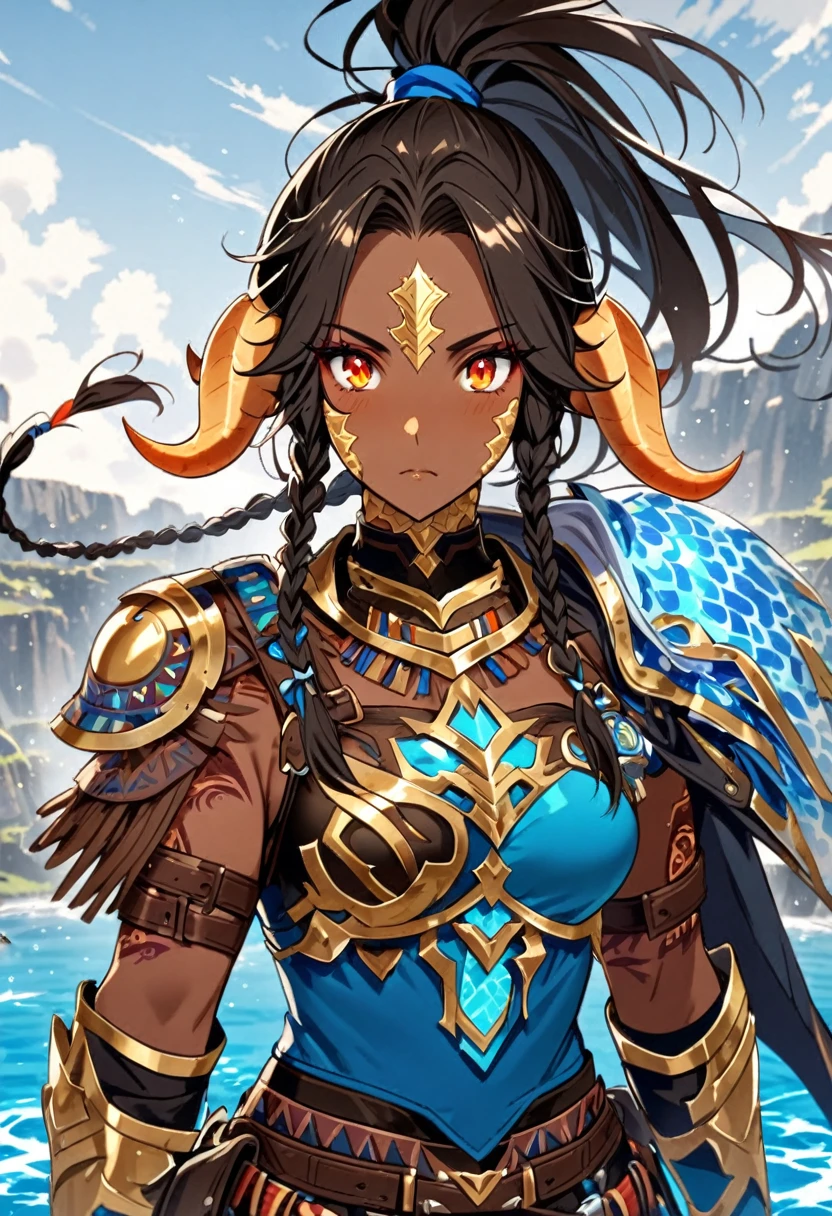 ((dark skinned girl)), ((black high ponytail)), ((Amber eyes)), ((floating blue water)), ((tribal tattoos on shoulder)), ((Braids)), ((namielle)), ((Armor)), ((Adventurer)), ((Horns)), ((Au'ra scales))