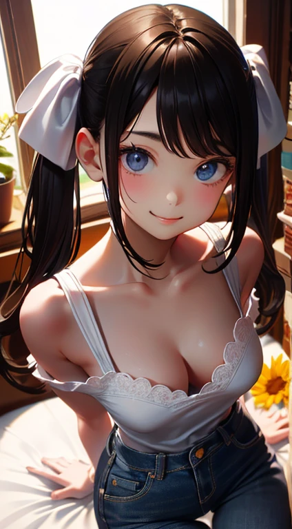 masterpiece, highest quality, One Girl, Thighs, beautiful girl, Flowers, Lots of small petals, Small waist, Official Art, RAWphotograph,The needle is accurate、Face Light, Dynamic Lighting, Cinema Lighting, Ultra-realistic, High resolution, photograph, Sharp focus, Highly detailed eyes and face,Symmetrical face, whole body、Large Breasts、Long Hair、チラリと見えるThighs、Beautiful cleavage、bride、Smile、lipstick、Twin tails、jeans、T-Shirts