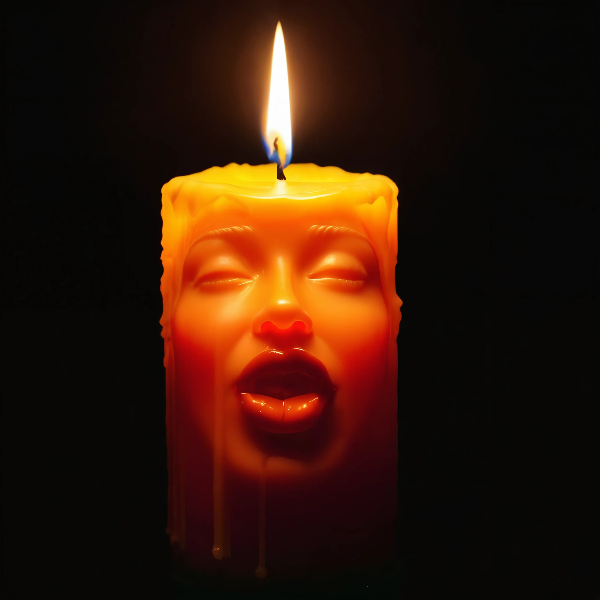 A business card logo of a modern, cursive letter embracing a lit candle in the shape of a woman&#39;s body that melts in the center of a modern, Miami-worthy all-over golden circle in a punk, hyperrealistic tone.