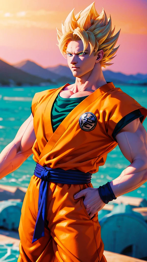 Masterpiece, Ultra realistic, 16k, high quality, incredibly detailed, dream aesthetic, dream atmosphere, pretty man. Tall. Son Goku (super saiyan) from Dragon Ball Z (Majin buu saga), shiny (pale-blond) hair, realistic pale-golden hair, messy spiky hair. Turquoise bright eyes, intense eyes look, shiny serious (blue) eyes. Pale-blond hair fluttering. light glowing skin, tanned skin illuminated, realistic perfect shading, absurdres, realistic textures, pretty man, looking at viewer, standing. Tall. orange goku shirt with a dark blue shirt under, dark blue waist band (hyper realistic) orange pants (real textures). quarry desert (with mountains), blurred background. Son Goku. (detailed textures). quarry (background unfocused), pastel colors, depth, best quality, Photorealistic.