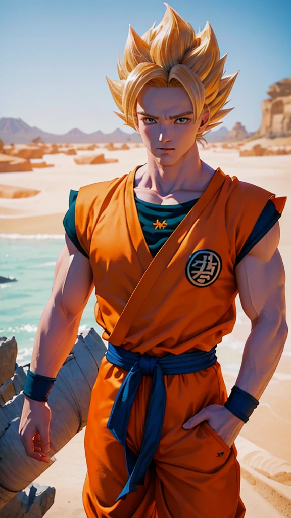 Masterpiece, Ultra realistic, 16k, high quality, incredibly detailed, dream aesthetic, dream atmosphere, pretty man. Tall. Son Goku (super saiyan) from Dragon Ball Z (Majin buu saga), shiny (pale-blond) hair, realistic pale-golden hair, messy spiky hair. Turquoise bright eyes, intense eyes look, shiny serious (blue) eyes. Pale-blond hair fluttering. light glowing skin, tanned skin illuminated, realistic perfect shading, absurdres, realistic textures, pretty man, looking at viewer, standing. Tall. orange goku shirt with a dark blue shirt under, dark blue waist band (hyper realistic) orange pants (real textures). quarry desert (with mountains), blurred background. Son Goku. (detailed textures). quarry (background unfocused), pastel colors, depth, best quality, Photorealistic.