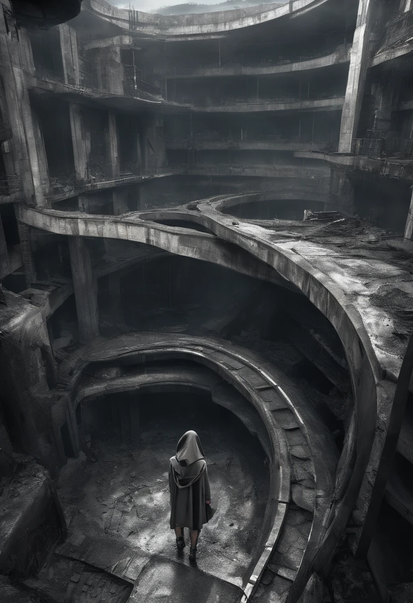 image taken from above and behind the shoulder of a dirty GIRL with her back turned and DRESSED IN a dirty HOOD from a second floor balcony of a dilapidated futuristic building, she is looking at an ultra futuristic wide and tall wall, has 2 giant tunnels in the wall with giant hydro-electric turbine propellers, distopia, lixo nas ruas, curved buildings in ruins, apocalypse moderno,  has smoky metal structures , It&#39;s raining, there are puddles of water in the streets, apocalyptic industrial environment with smoke and fog around, carros escuros nas ruas, tem viadutos largos e longos e bifurcados no meio da cidade, desert megalopolis, trilhos e trens modernos de de metal passando estre as ruas da cidade, tall futuristic metal buildings, many ultra modern buildings around, , as realistic as possible, As detailed as possible, imagem realista, Science fiction
