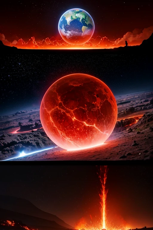 cybernetic earth with a red light inside, scientific earth crust, the earth sprouts lava, hollow earth, the planet is warm with canyons, earthy, the planet, volcanoes erupting, ring of fire, the stars and galaxy in the background